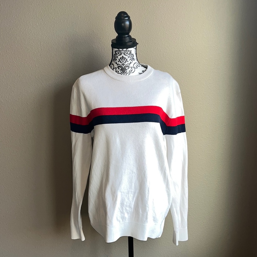 H&M Red & Navy Striped White Crew Sweater